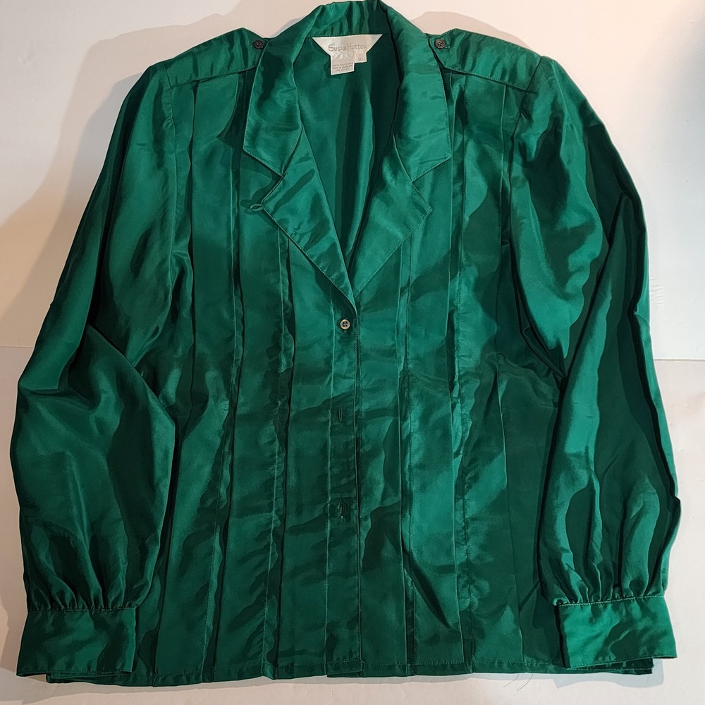 Susan Hutton Green Button Up Pleated Blouse Shoulder Pads Retro Vintage